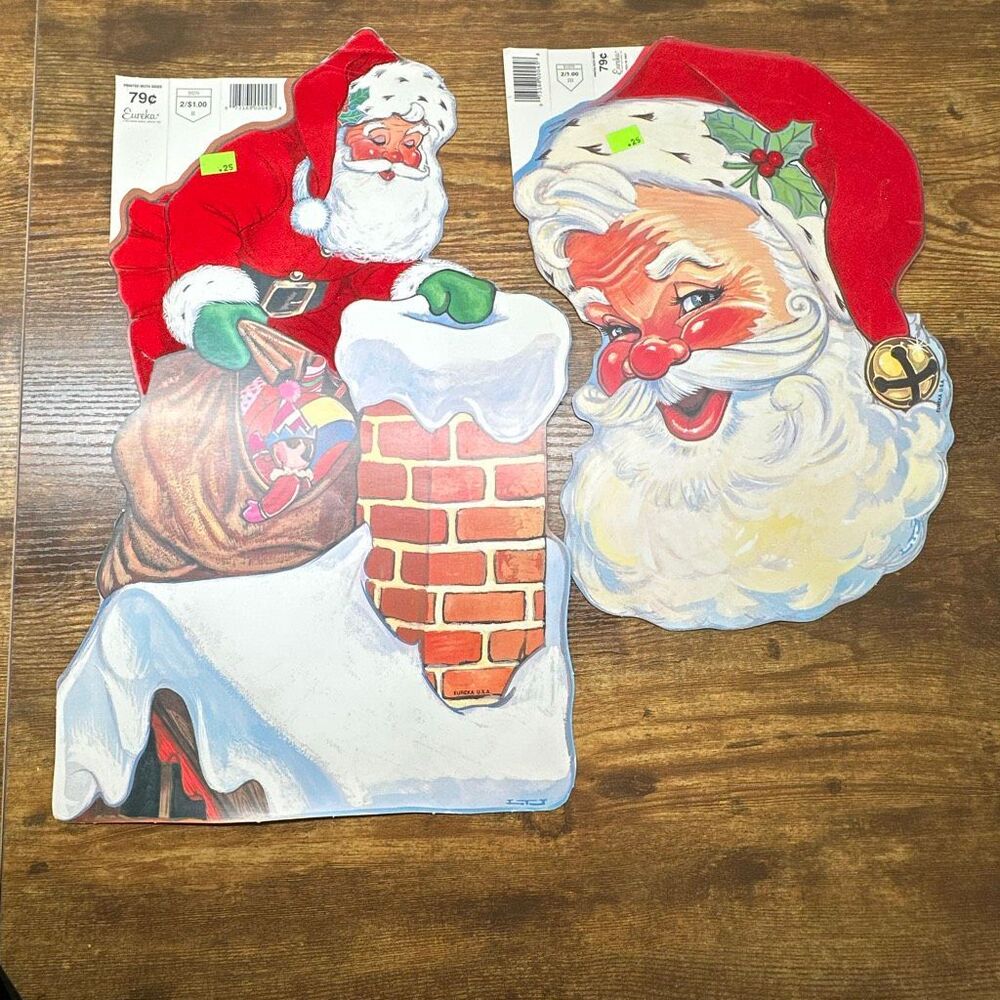 Vintage‎ Christmas Eureka Flocked Santa Die Cast Set of 2 Decor 2 Sided Chimney
